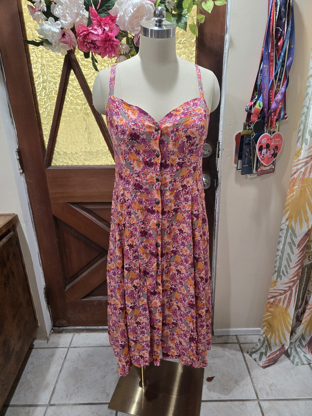 Kimchi Blue Pink and Orange Floral Midi Dress with Buttons